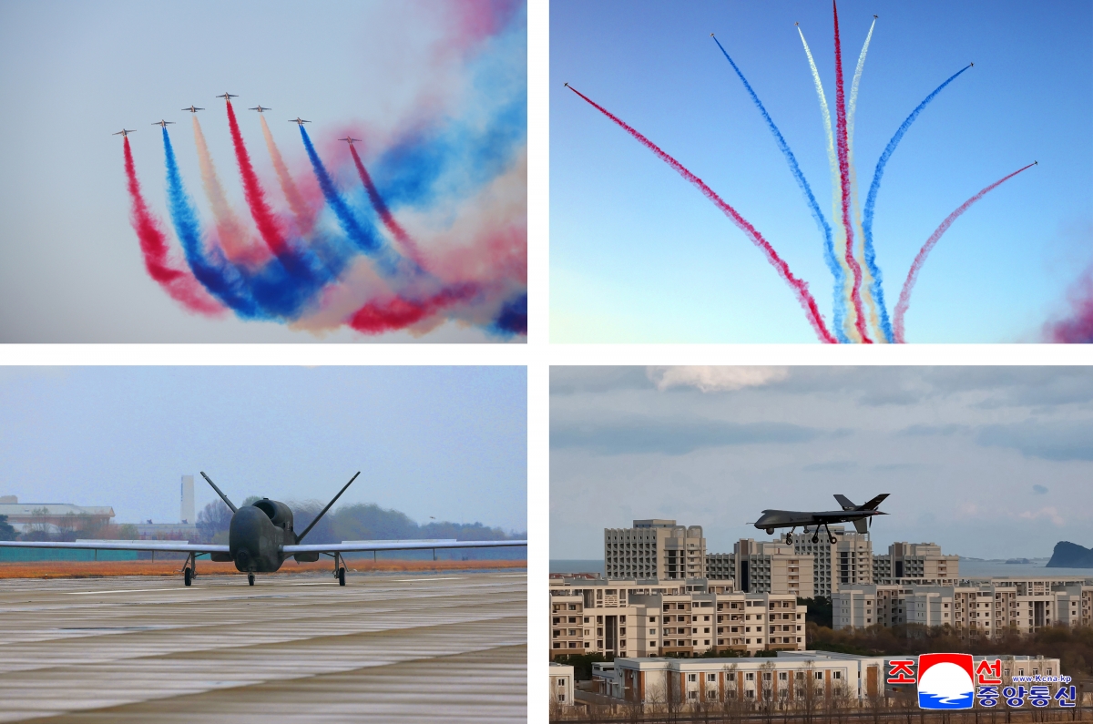 김정은 국무위원장이 딸 주애와 함께 지난 28일 제2공군사단 59길영조영웅연대 갈마비행장에서 북한 공군 창설 80주년 기념행사에 참석해 장병들을 치하하고 항공절 기념 공군 시위비행 및 기념보고대회와 기념공연을 관람했다고 조선중앙통신이 30일 보도했다. 2025.11.30 조선중앙통신