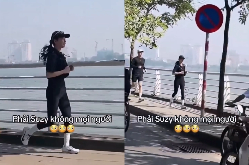 배우 수지(31)와 김선호(39)가 베트남 하노이의 한 호수 근처에서 함께 러닝을 즐기는 모습이 포착됐다. SNS 영상 캡처