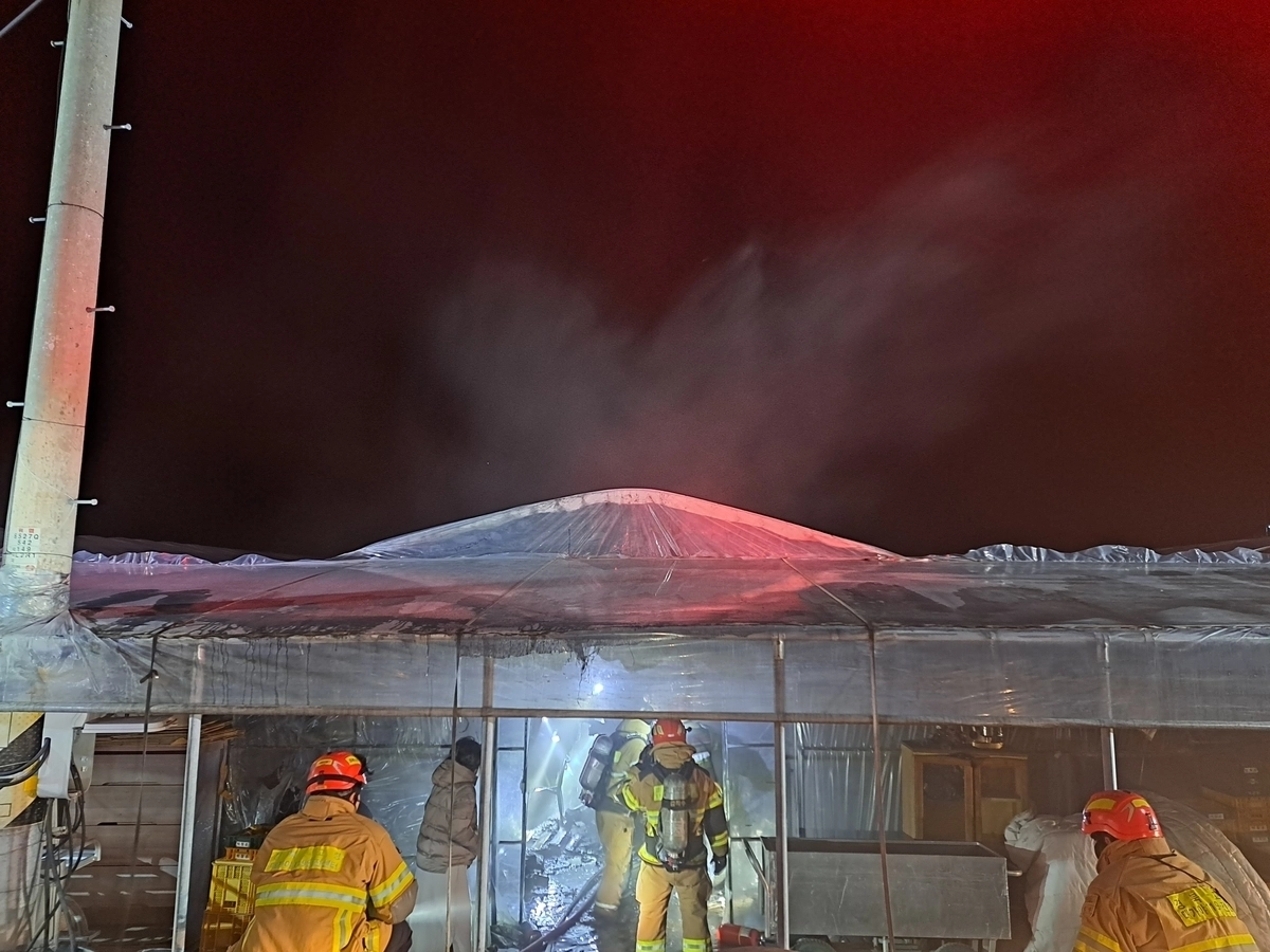 소방대원들이 고령군 딸기 양육 비닐하우스에서 발생한 화재를 진압하고 있다. 경북도소방본부 제공,