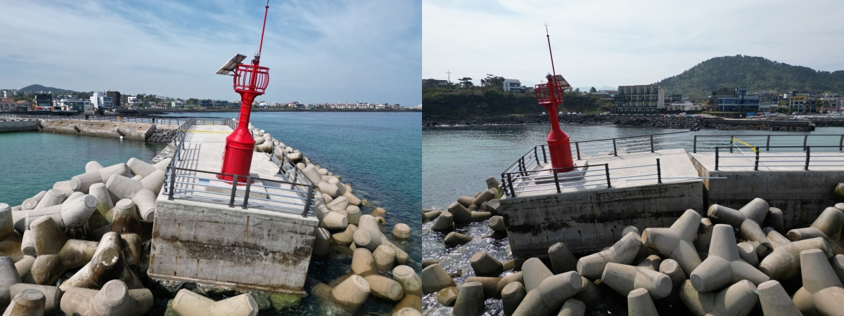 고내포구 방파제 기울어진 앞(왼쪽)과 측면 모습. 제주지방해양경찰청 제공