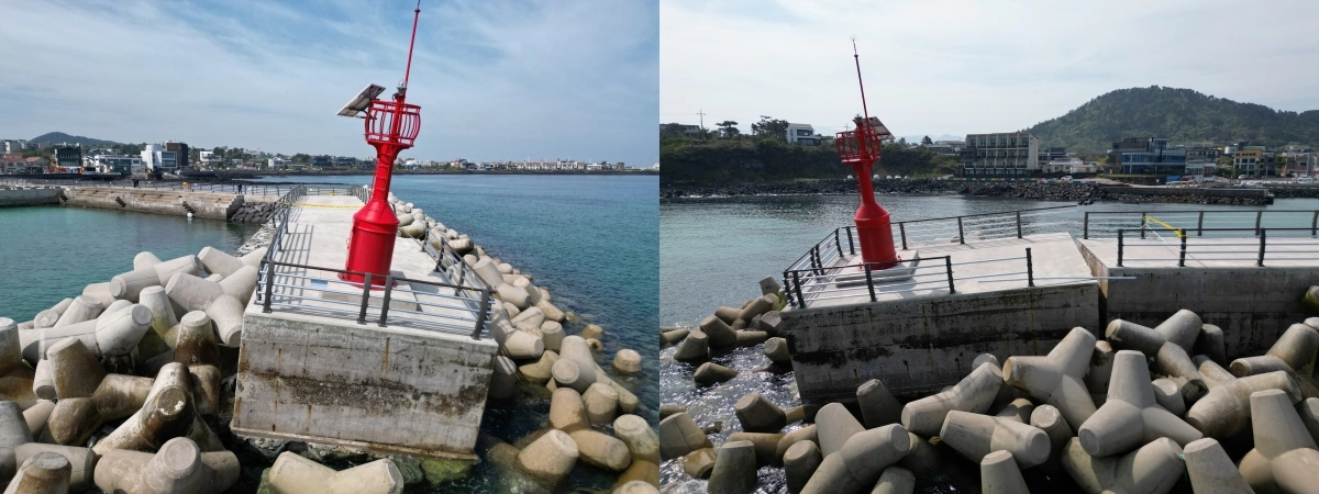 고내포구 방파제 기울어진 앞(왼쪽)과 측면 모습. 제주지방해양경찰청 제공