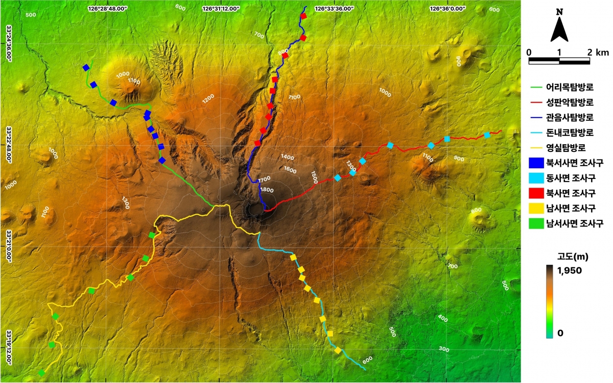 한라산 고도 700~1400m 구간의 연속 표준 관측 디지털 지도. 제주도 제공