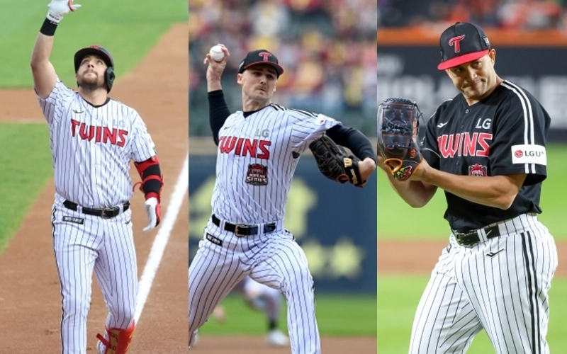 LG 트윈스 통합우승의 주역들인 오스틴 딘(왼쪽부터), 앤더스 톨허스트, 요니 치리노스. LG 트윈스 제공