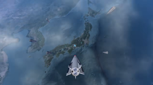 중국 극초음속 미사일 YKJ-1000이 일본 열도로 향하는 공식 홍보 이미지.