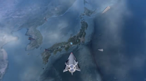 중국 극초음속 미사일 YKJ-1000이 일본 열도로 향하는 공식 홍보 이미지.