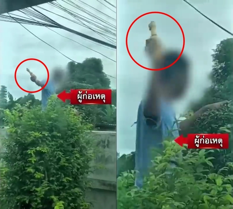 10년간 이웃 여성의 집을 향해 장난감 닭(원 안)으로 소음을 유발한 태국 남성. 타이랏 유튜브 캡처