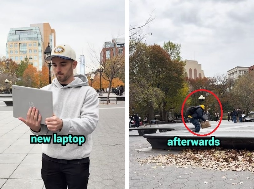 뉴욕 맨해튼 공원 벤치 노트북 실험을 진행한 샘 베레스(왼쪽)와 노트북을 가져가는 남성(오른쪽, 빨간 원). 인스타그램 캡처