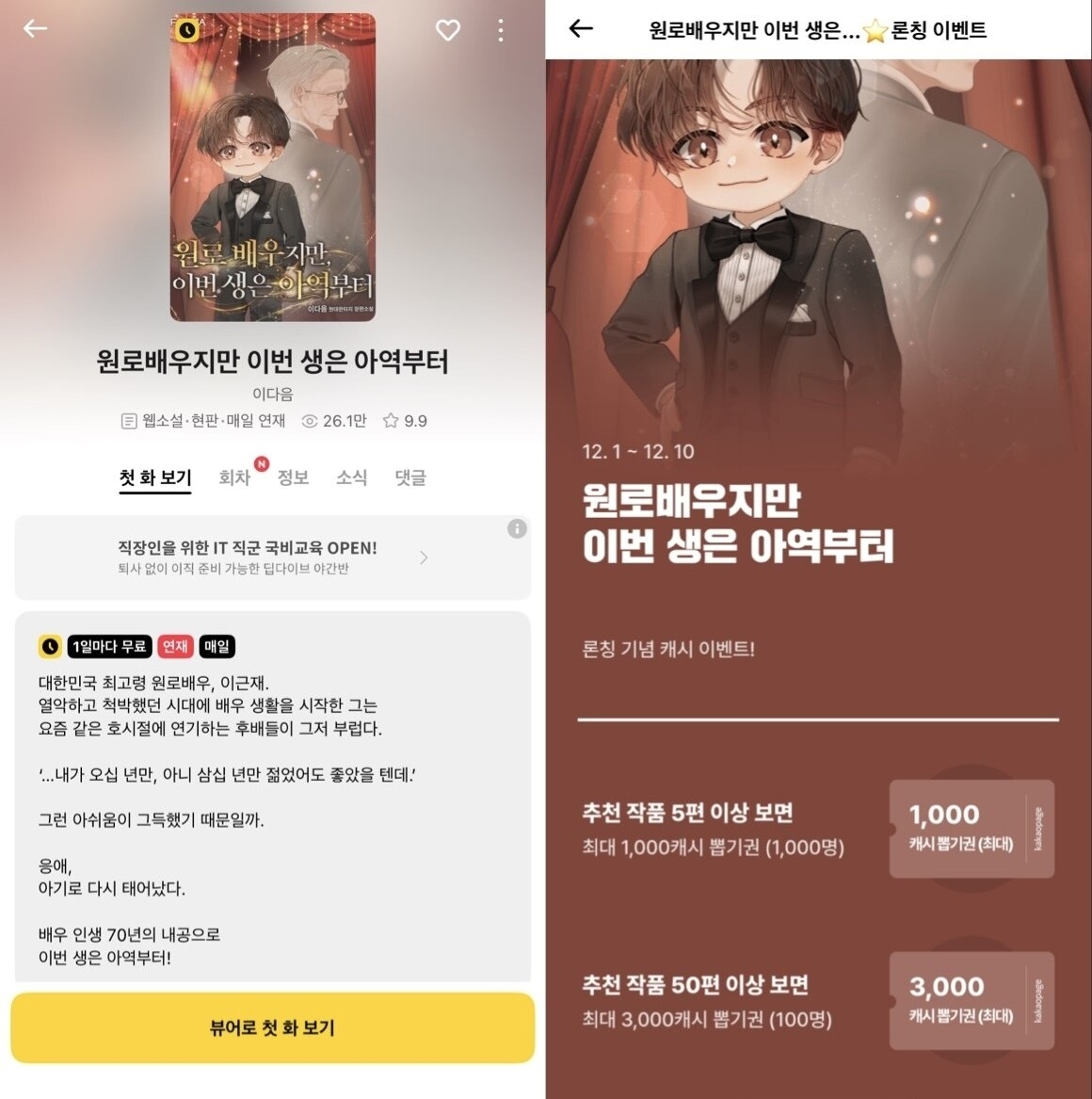 카카오페이지 웹소설 ‘원로배우지만 이번 생은 아역부터’ 소개 화면(왼쪽)과 12월 1일부터 시작한 출시 기념 이벤트. 카카오페이지 캡처