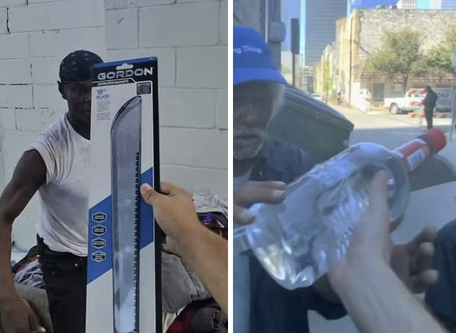 미국 인플루언서 키스 카스티요(29)가 노숙자들에게 길이 45㎝짜리 칼과 술을 나눠주고 있다. 소셜미디어(SNS) 캡처