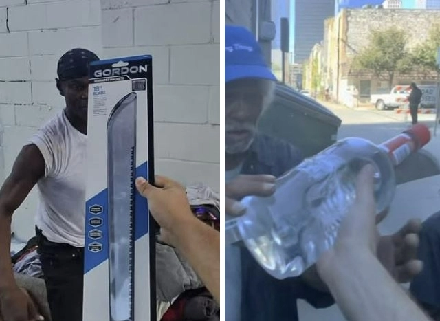 미국 인플루언서 키스 카스티요(29)가 노숙자들에게 길이 45㎝짜리 칼과 술을 나눠주고 있다. 소셜미디어(SNS) 캡처