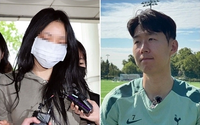 축구 국가대표팀 주장 손흥민의 아이를 임신했다고 주장하며 손씨에게 돈을 뜯어내려 한 20대 여성 양모씨가 17일 영장실질심사를 받기 위해 서울중앙지법에 들어서고 있다. 오른쪽은 12일(현지시간) 유럽축구연맹(UEFA) 유로파리그(UEL) 결승을 앞두고 북런던 토트넘 홋스퍼 FC 트레이닝 그라운드에서 열린 미디어 오픈 데이에서 한국 취재진과 만나 인터뷰하는 손흥민 선수. 연합뉴스