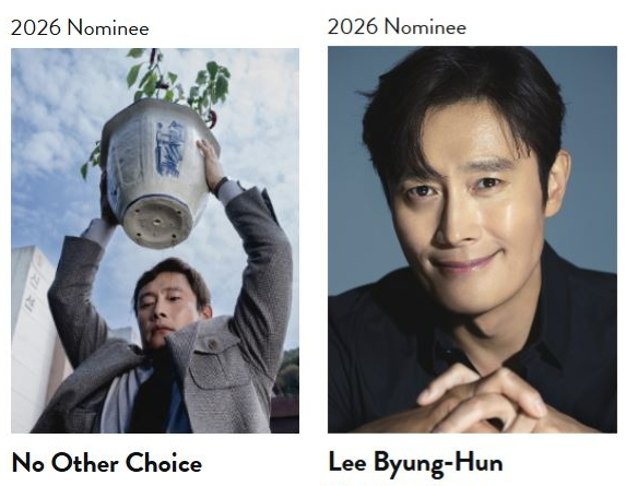 ‘2026 골든글로브’ 뮤지컬·코미디 영화 부문 최우수 작품상 후보로 선정된 박찬욱 감독의 영화 ‘어쩔 수가 없다’(왼쪽)와 뮤지컬·코미디 영화 부문 남우주연상 후보로 지명된 배우 이병헌. 골든글로브 공식 홈페이지 캡처