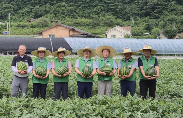봉화 재산지구 수박 공동영농 참여농가와 박현국(왼쪽에서 다섯번째) 봉화군수, 김주령(네번째) 경북도 농축산유통국장 등이 수박을 들고 기념사진을 찍고 있다. 경북도 제공