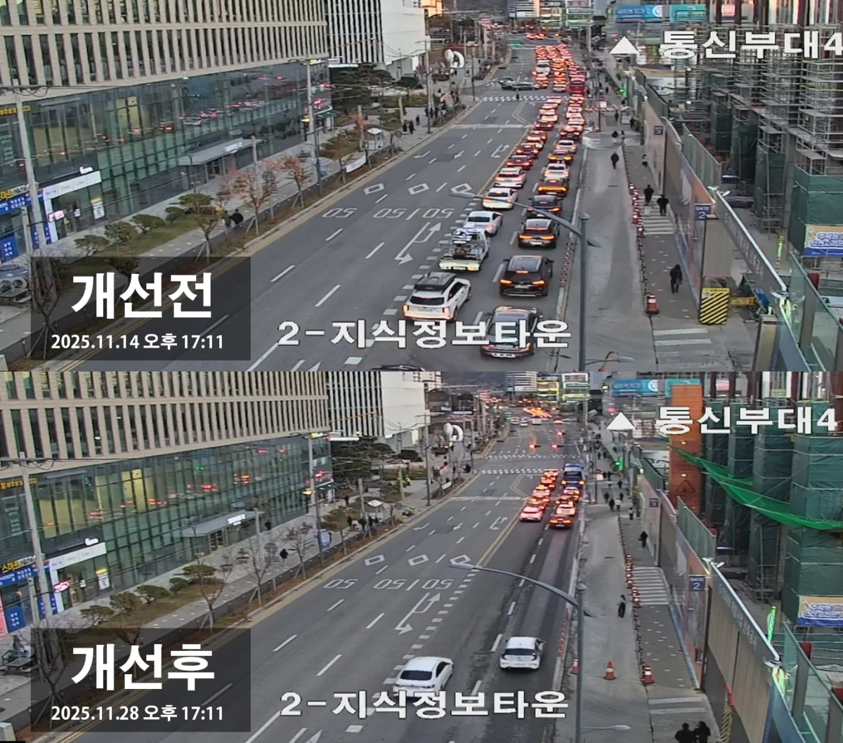 과천대로7길 퇴근시간대 모습(개선 전후). 과천시 제공