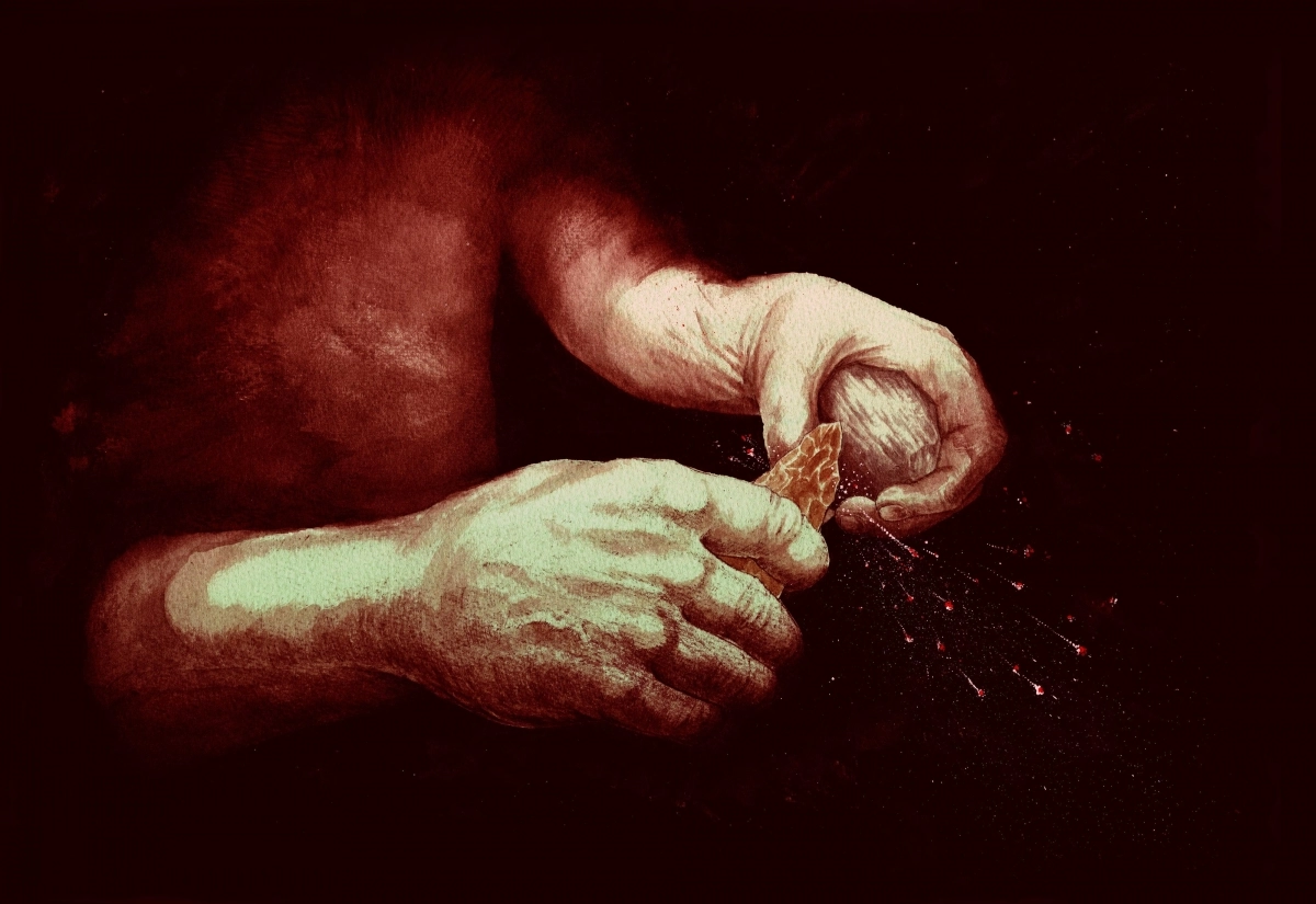 인류가 불을 제대로 다루기 시작한 것은 약 40만 년 전이라는 연구 결과가 나왔다. 고인류가 황철석과 돌도끼를 이용해 불을 만드는 모습의 상상도. 영국 대영박물관 고고학부 제공