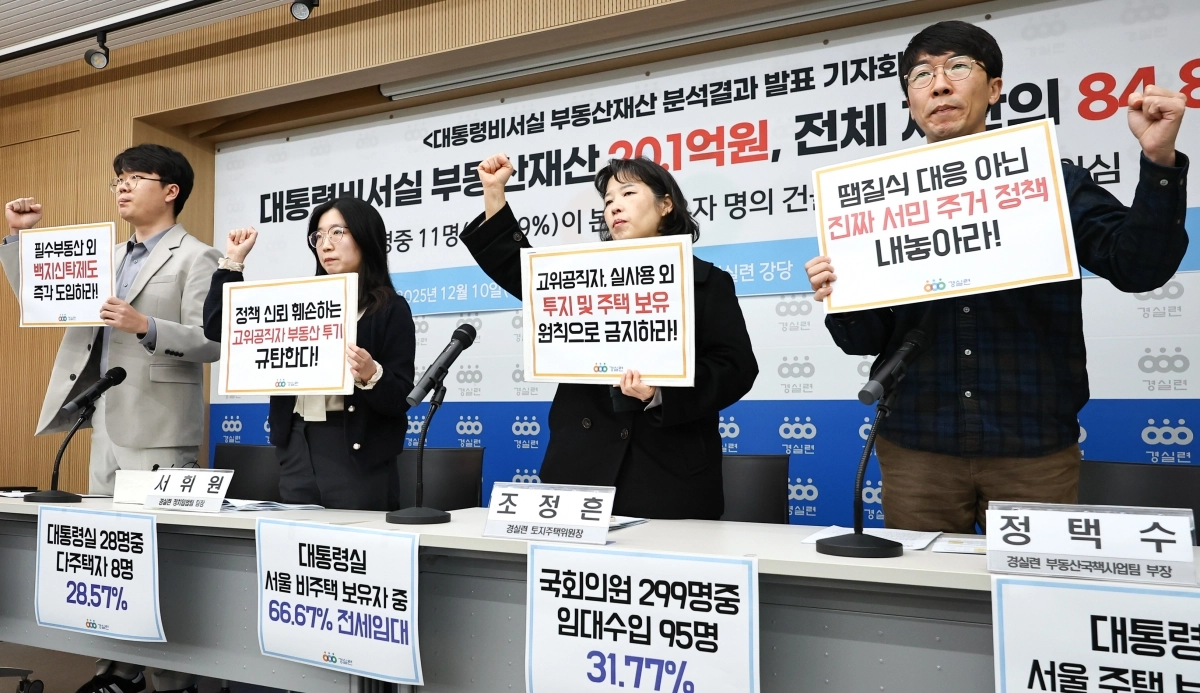 경제정의실천시민연합(경실련) 관계자들이 10일 서울 종로구 경실련에서 열린 기자회견에서 손팻말을 들고 서민 주거 정책을 촉구하고 있다. 경실련은 이날 대통령비서실 고위공직자 28명에 대한 부동산재산 분석결과를 발표했다. 뉴시스