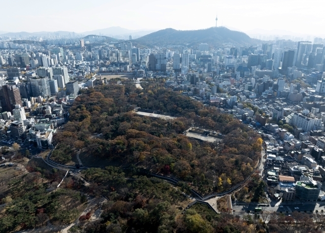 종묘 너머로 보이는 세운상가와 재개발 구역. 연합뉴스