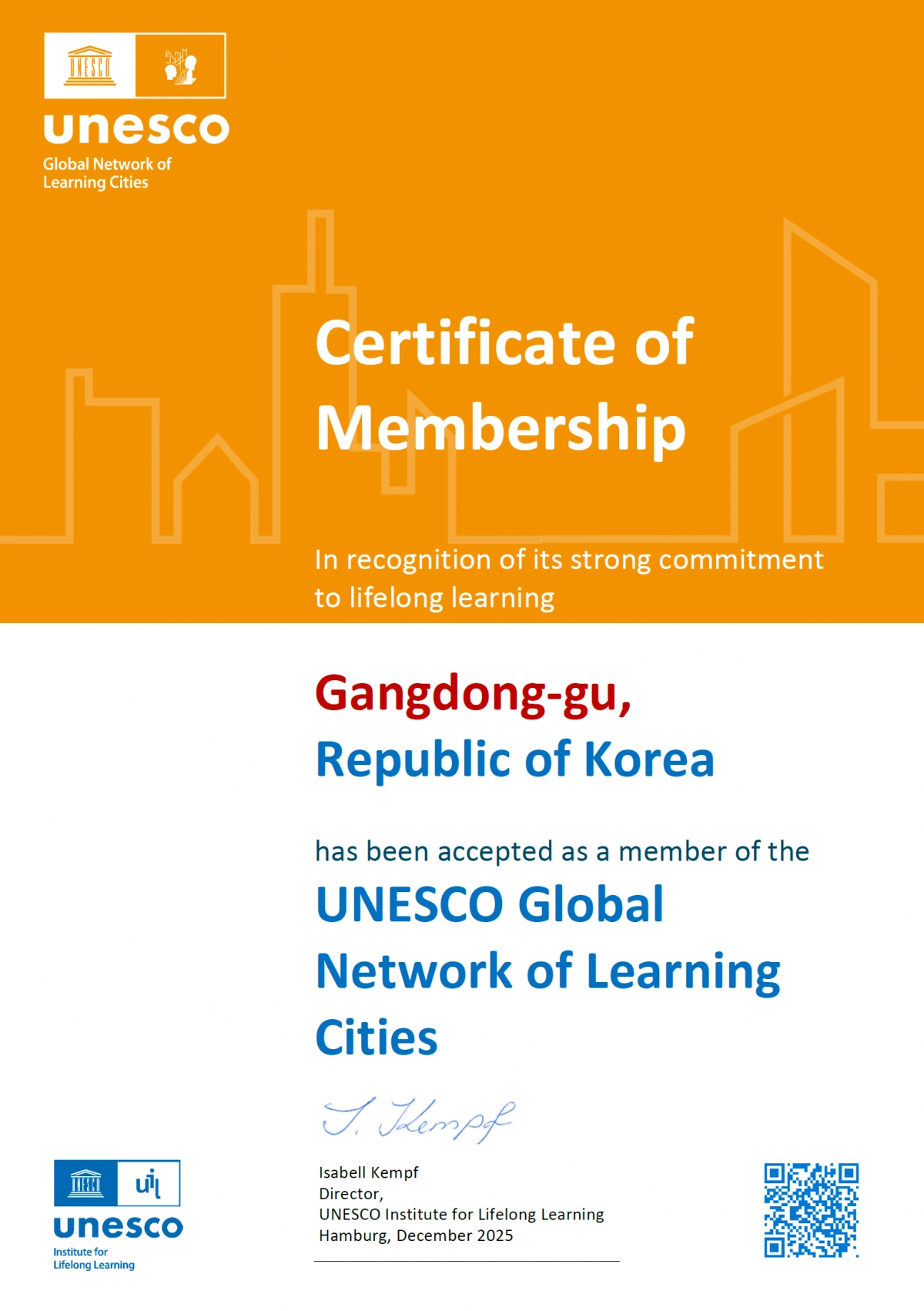 서울 강동구가 선정된 ‘유네스코 글로벌 학습도시’ 인증서 강동구 제공