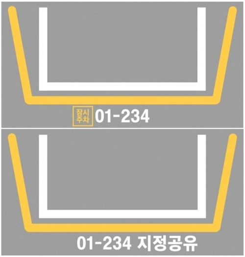 서울 영등포구에 다음 달부터 새로 운영되는 ‘잠시주차’(위쪽)와 ‘지정주자 공유’ 주차 구획 모습. 영등포구 제공