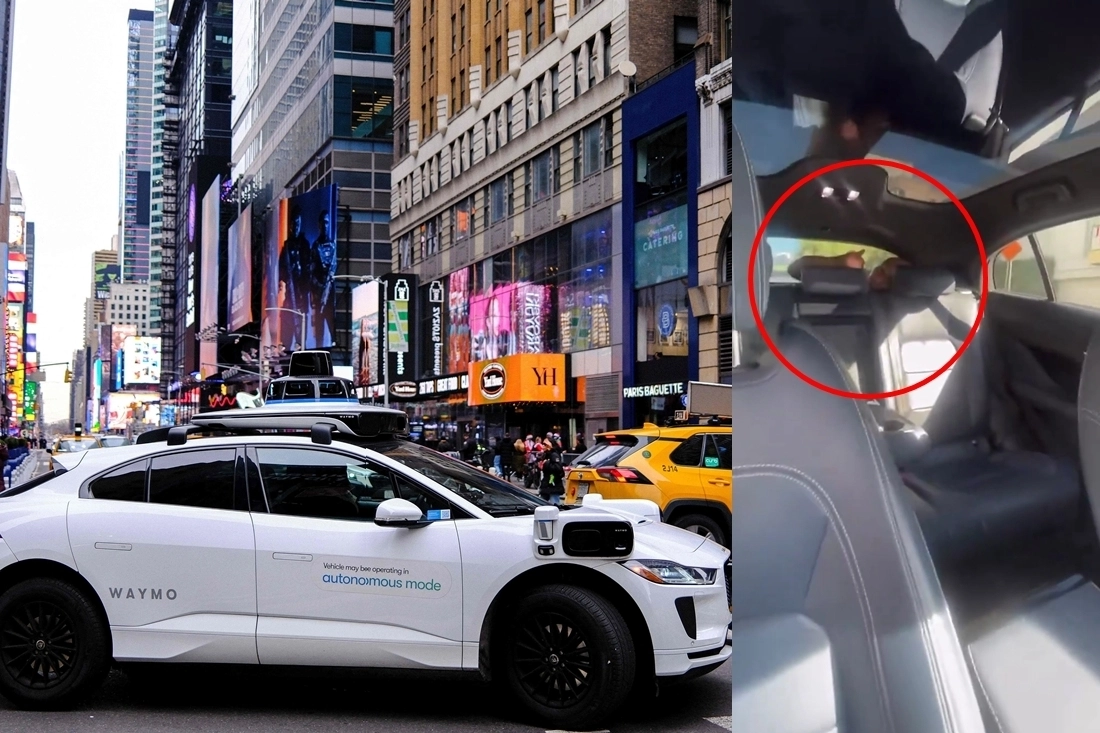 (왼쪽)미국 뉴욕에서 운행 중인 무인 자율주행 택시 ‘웨이모’. (오른쪽)지난 9일(현지시간) 미국 로스엔젤레스(LA)에서 무인 자율주행 택시 ‘웨이모’에 타려던 승객이 트렁크 공간에서 의문의 남성(원 안)을 발견해 찍은 영상 캡처. 2025.12.14. AFP 연합뉴스·엑스(X) 캡처