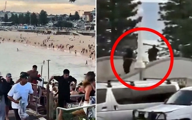 14일(현지시간) 호주ABC방송에 따르면 이날 오후 6시 45분쯤 본다이 비치에서 괴한 2명이 해변객을 상대로 총기를 무차별 난사했다. 사진은 대피하는 해변객과 총기를 난사하는 괴한들. 2025.12.4 엑스