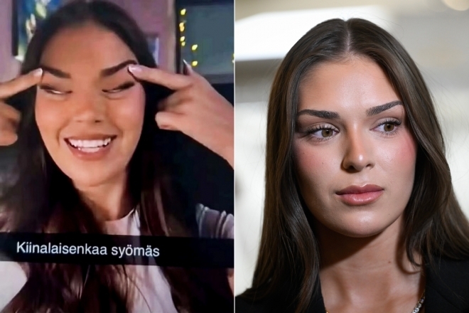 미스 핀란드로 뽑혔던 사라 자프체(22)가 인종차별 논란에 휩싸이며 자격을 박탈당했다. 왼쪽은 자프체가 눈을 찢는 행동. AP 연합뉴스·엑스(X) 캡처