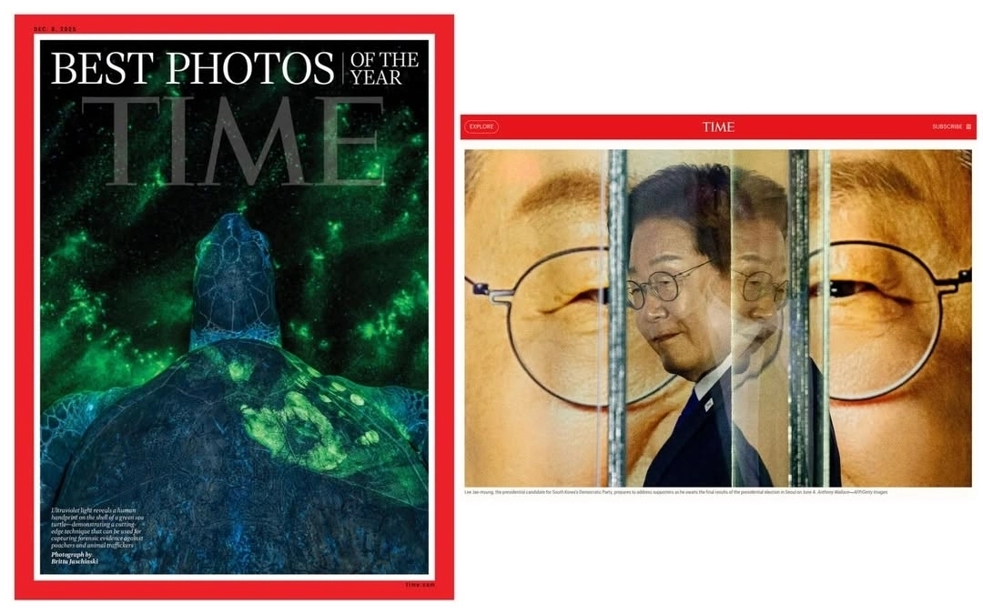 미국 시사주간지 타임이 선정한 ‘2025년 올해의 100대 사진’에 이재명 대통령의 대선승리 연설 당일 사진이 선정됐다. 지난 6월 4일 당시 이재명 더불어민주당 후보가 대선 최종 결과 발표를 앞두고 지지자들에게 연설 준비를 하는 모습을 포착한 이 사진은 99번째로 명단에 올랐다. 해당 사진을 촬영한 서울 주재 AFP통신 앤서니 월리스 기자는 “사진을 찍을 당시에는 올해의 사진 목록에 오를 거라고는 상상도 못 했다”는 소감을 밝혔다. 2025.11.25 타임지 홈페이지 캡처