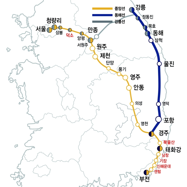 30일부터 정차역이 늘어나는 중앙선‧동해선‧ 강릉선 노선도. 부산시 제공