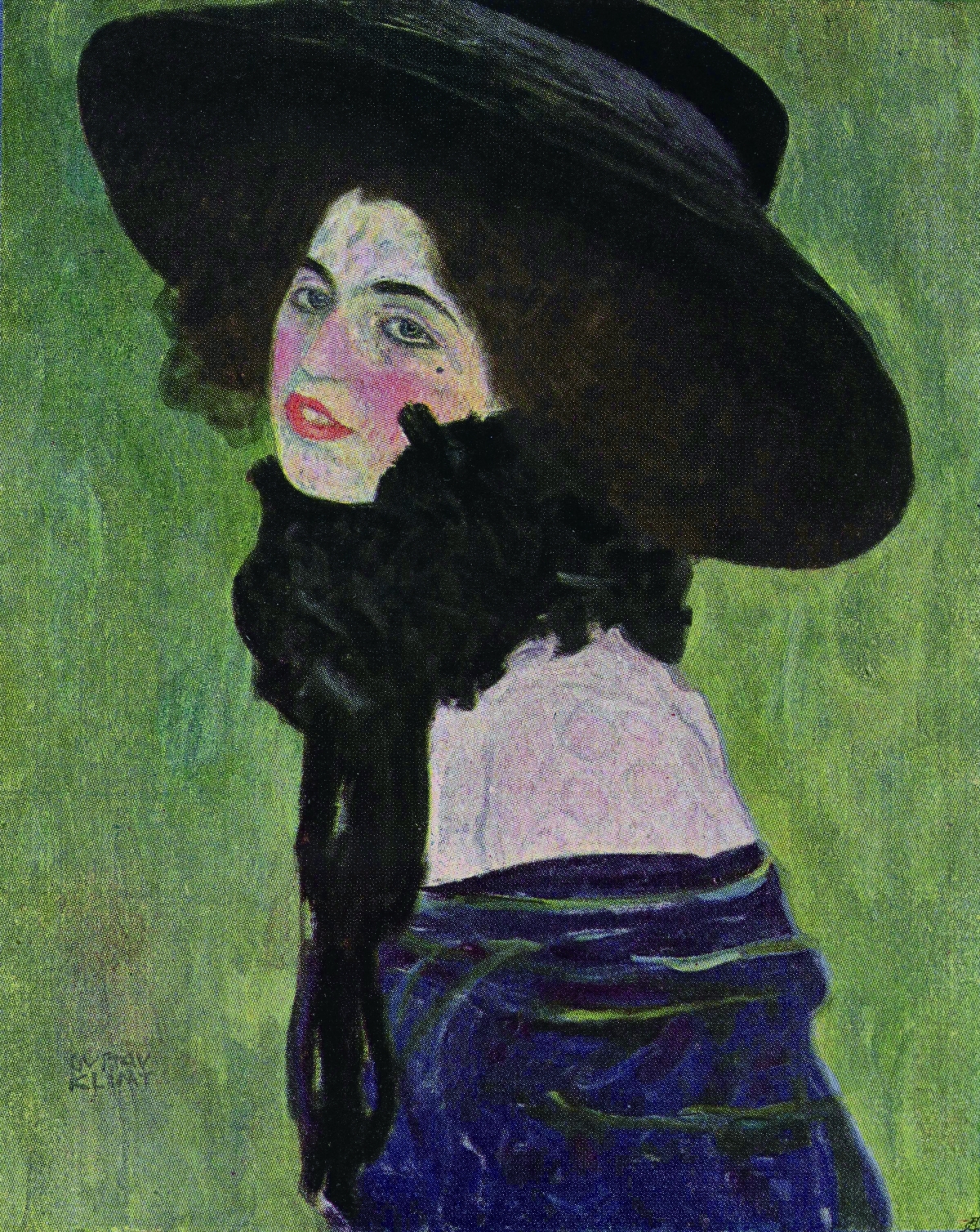 여인의 초상 속에 숨겨져 있던 작품. 클림크, 모자를 쓰고 스카프를 두른 젊은 여인의 초상, 68x55㎝, 캔버스에 오일, 1912. 출처: 마이아트뮤지엄.