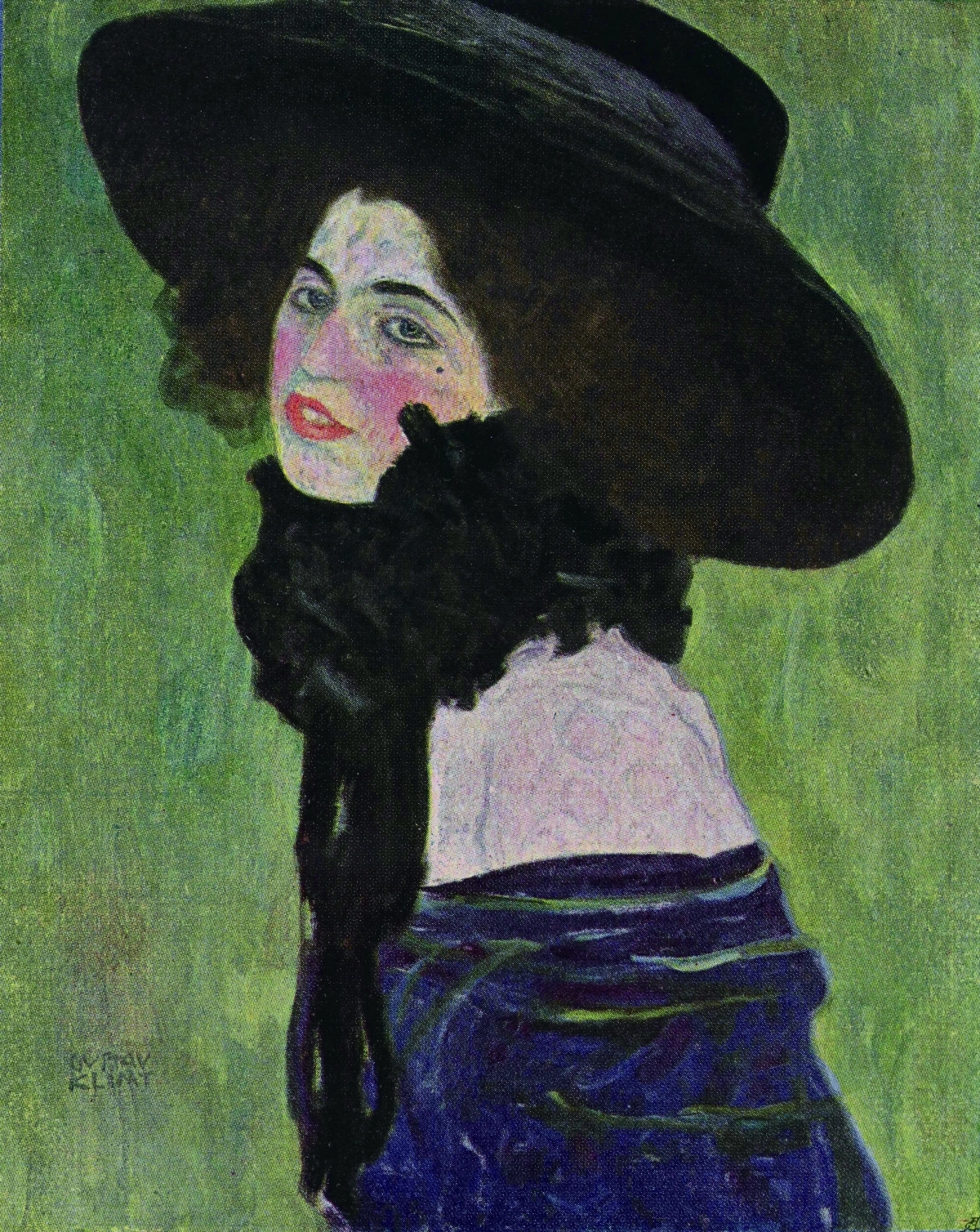 여인의 초상 속에 숨겨져 있던 작품. 클림크, 모자를 쓰고 스카프를 두른 젊은 여인의 초상, 68x55㎝, 캔버스에 오일, 1912. 출처: 마이아트뮤지엄.