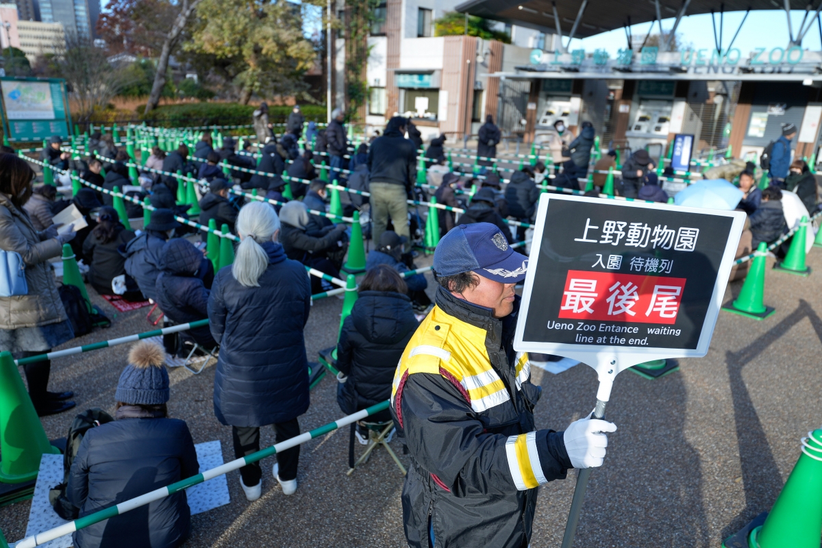 16일 일본 도쿄 다이토구 우에노 동물원 입구에 쌍둥이 자이언트 판다 ‘샤오샤오’와 ‘레이레이’를 보려는 관람객들이 돗자리를 바닥에 깔고 앉아 매표 및 입장을 기다리고 있다. 2025.12.16 도쿄 AP 뉴시스