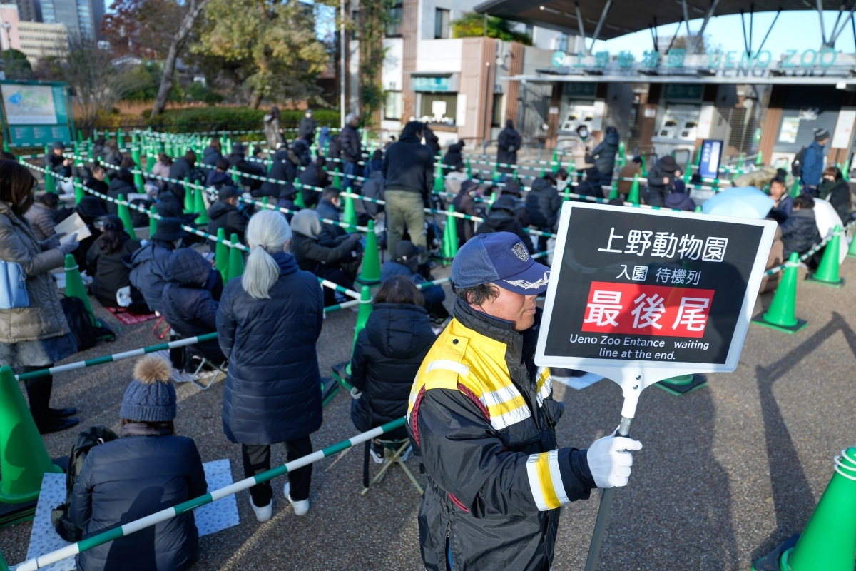 16일 일본 도쿄 다이토구 우에노 동물원 입구에 쌍둥이 자이언트 판다 ‘샤오샤오’와 ‘레이레이’를 보려는 관람객들이 돗자리를 바닥에 깔고 앉아 매표 및 입장을 기다리고 있다. 2025.12.16 도쿄 AP 뉴시스