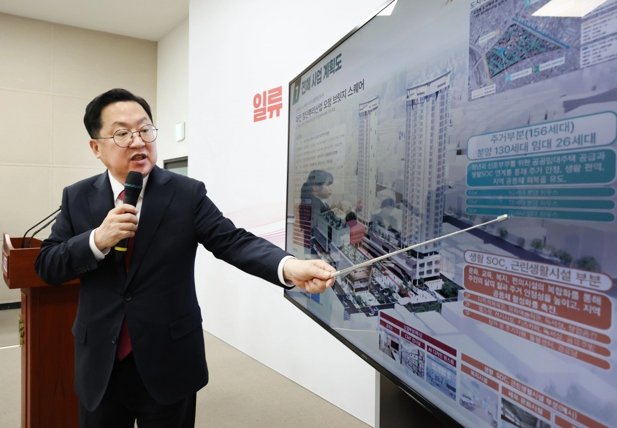 이장우 대전시장이 19일 2025년 도시재생사업 국가시범지구로 선정된 대덕구 오정 지구 사업계획을 설명하고 있다. 대전시 제공