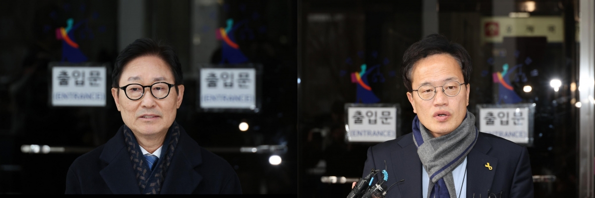 ‘국회 패스트트랙 충돌’ 사건으로 재판에 넘겨진 박범계(왼쪽)·박주민 더불어민주당 의원이 19일 서울남부지방법원에서 열린 1심 선고 공판에서 벌금 300만원의 선고유예 판결을 받은 뒤 법정을 나서고 있다. 연합뉴스