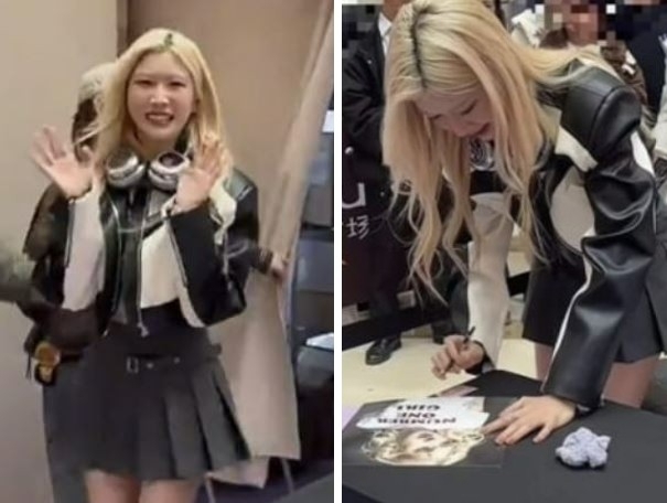 중국 청두에서 열린 로제 팝업스토어 행사 모습. 인플루언서 데이지가 로제와 비슷한 의상을 입고 나타나 팬들과 사진을 찍어 논란이 일었다. 소셜미디어(SNS) 캡처