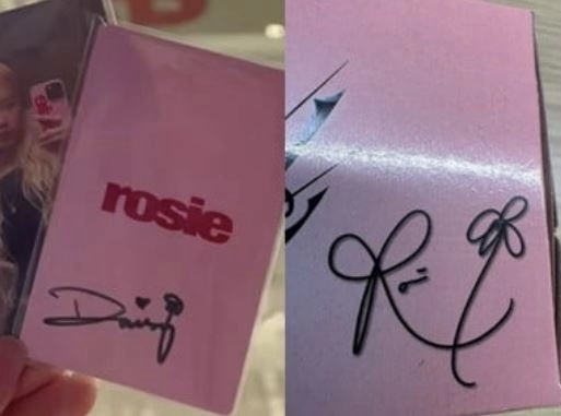 인플루언서 데이지의 사인(왼쪽)과 로제의 사인. 끝에 작은 꽃을 그린 점이 비슷하다. SNS 캡처