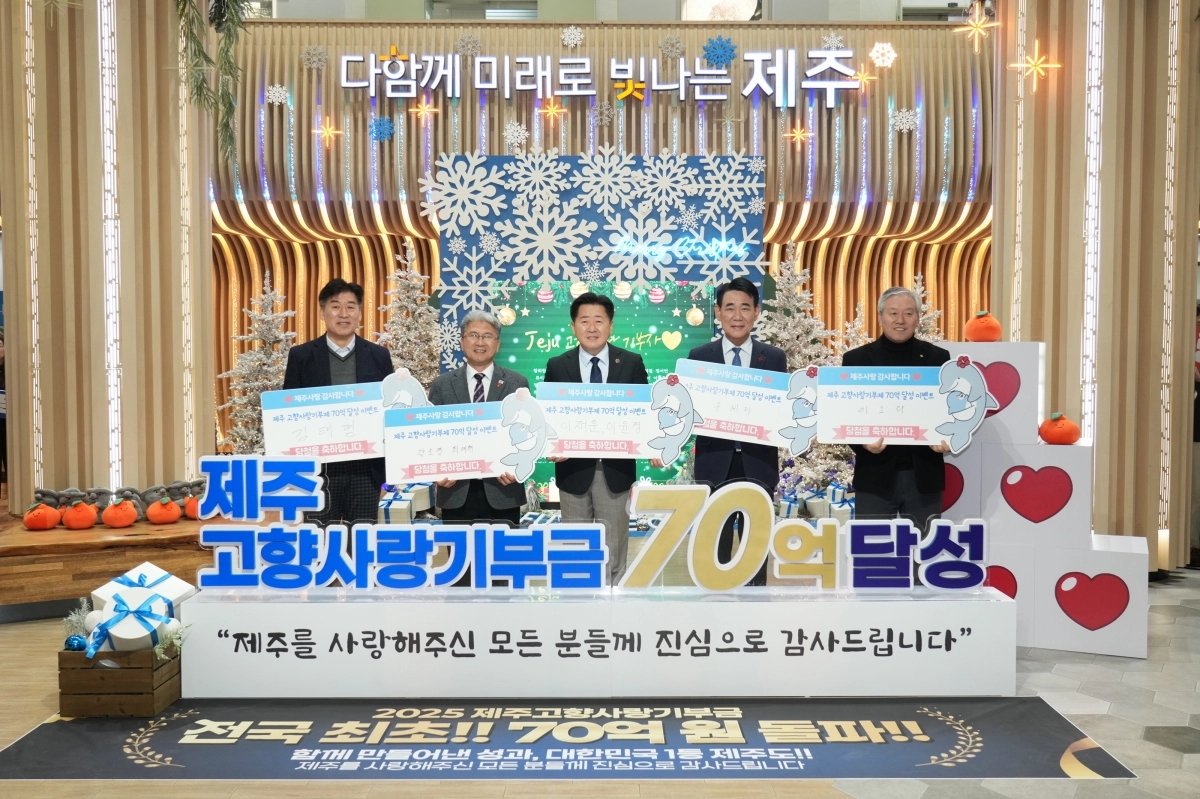 제주도는 22일 제주도청 로비에서 70억원 돌파를 기념해 제주사랑을 실천한 기부자들에게 감사의 뜻을 전하는 ‘70억원 달성 감사 이벤트’를 개최했다. 제주도 제공