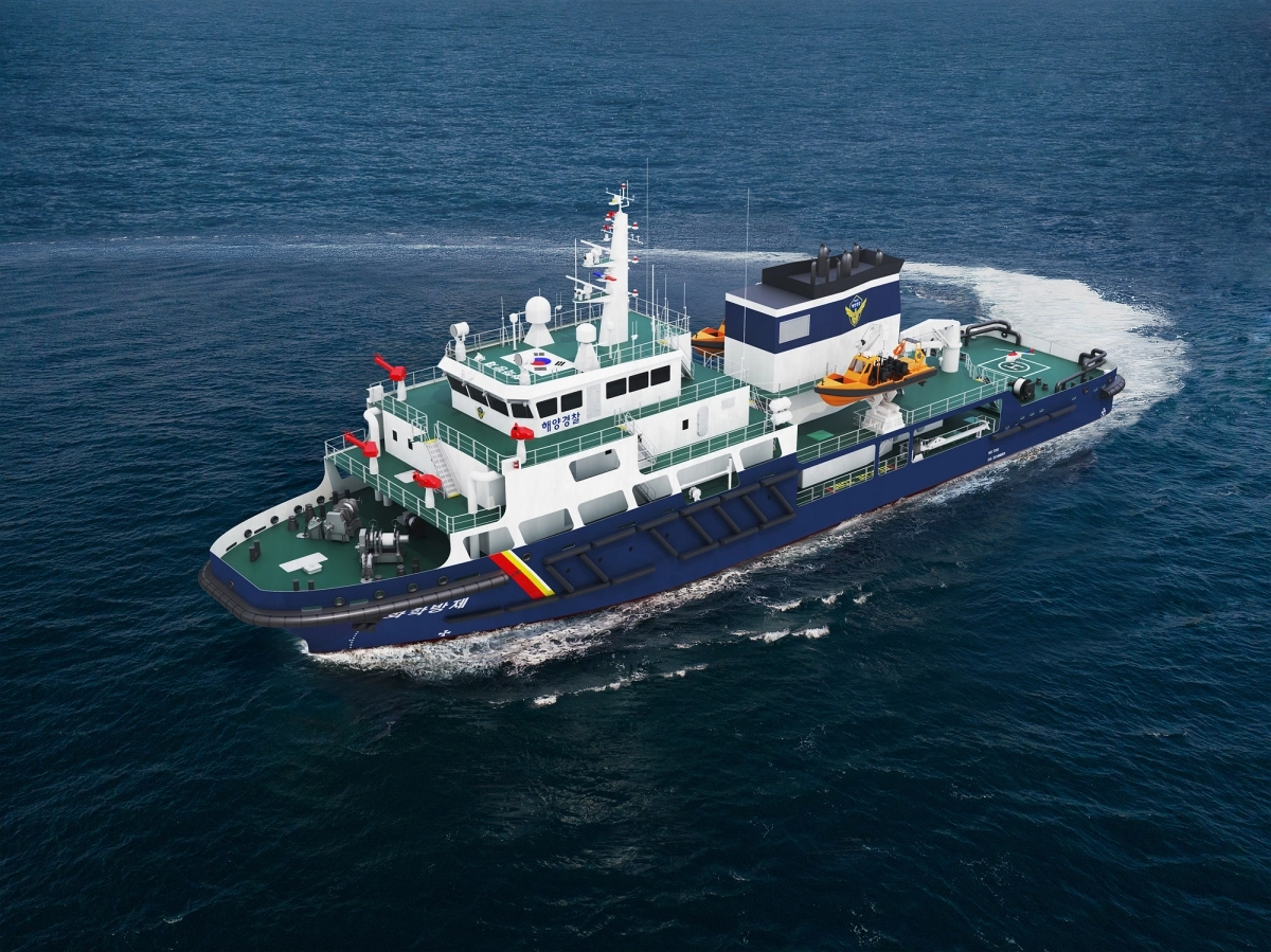 HJ중공업이 수주한 해경의 1900t급 다목적 화학방제함 조감도. HJ중공업 제공J중공업이 수주한 해경의 1900t급 다목적 화학방제함 조감도. HJ중공업 제공