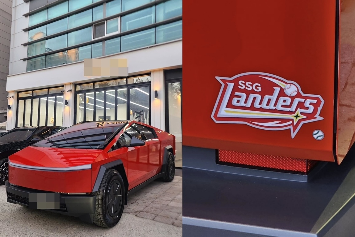 인천의 한 자동차 선팅 업체가 공개한 ‘붉은색 테슬라 사이버트럭’. 업체 측은 프로야구 SSG랜더스 투수 김광현이 자사에 차량 도색을 의뢰했다고 밝혔다. 자료 : THE LX 솔라가드 프리미엄 송도점 인스타그램