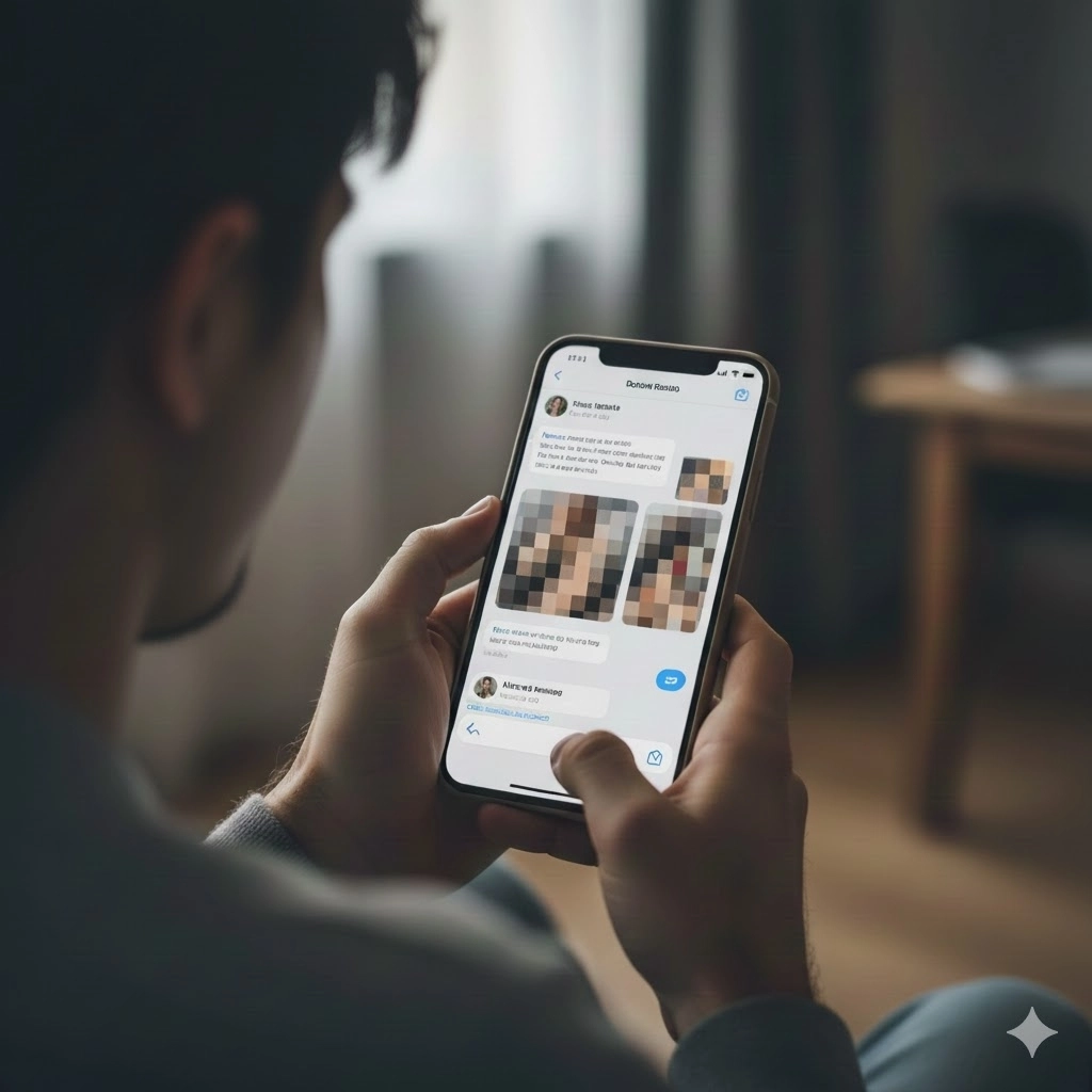 모바일 메신저로 선정적인 사진을 전송하는 남성. 인공지능(AI)이 생성한 이미지.