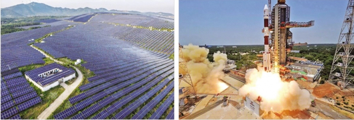 중국 안후이성 한 산비탈이 빈틈을 찾을 수 없을 정도로 태양광 패널로 빼곡하게 뒤덮여 있다. 멀리 보이는 산등성이에는 풍력발전 터빈이 자리잡고 있다(왼쪽 사진) . 2023년에 발사된 인도 아디티야-L1 우주선이 내년 태양 활동이 가장 활발한 ‘태양 극대기’ 태양 관측에 나선다(오른쪽 사진) . 사이언스·인도우주연구기구(ISRO) 제공