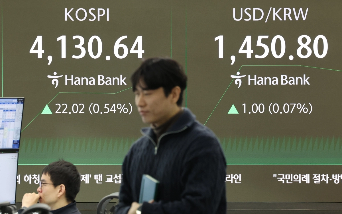 26일 오전 서울 중구 하나은행 본점 딜링룸 현황판에 코스피가 표시돼 있다. 이날 오전 9시 3분 현재 코스피는 전장보다 22.19포인트(0.54%) 오른 4,130.81에 거래되고 있다. 2025.12.26. 연합뉴스