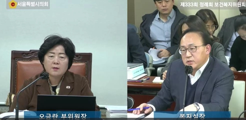 제333회 정례회 보건복지위원회 회의에서 복지실장을 상대로 질의하는 오금란 의원