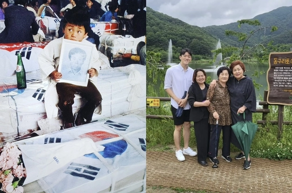 고 전두환 전 대통령의 손자 전우원(오른쪽 사진 맨 왼쪽)씨가 25일 자신의 소셜미디어(SNS)에 고 문재학 열사 유족과 함께 찍은 사진을 공개했다. 뉴시스·전우원 인스타그램