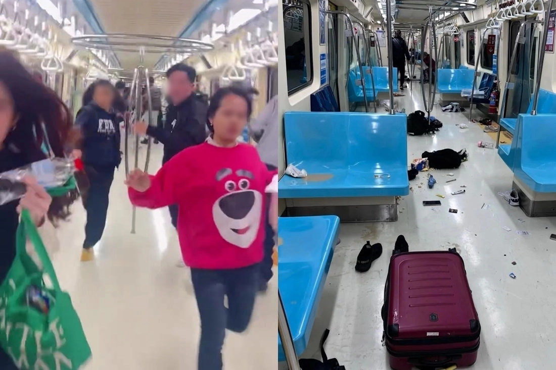 25일(현지시간) 대만 타이베이 지하철에서 승객들이 황급히 대피하고 있다. 오른쪽은 소동이 진정된 후 승객들의 소지품이 널부러져 있는 모습. 스레드·레딧 캡처
