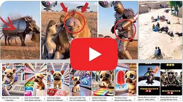 인공지능(AI)이 급조한 저질 콘텐츠 ‘슬롭’으로 조회수 장사를 하고 있는 유명 유튜브 채널들의 모습. ‘음식물 쓰레기’ 등에서 유래한 ‘슬롭’은 AI로 만든 질 낮은 디지털 콘텐츠를 의미한다. 유튜브 캡처