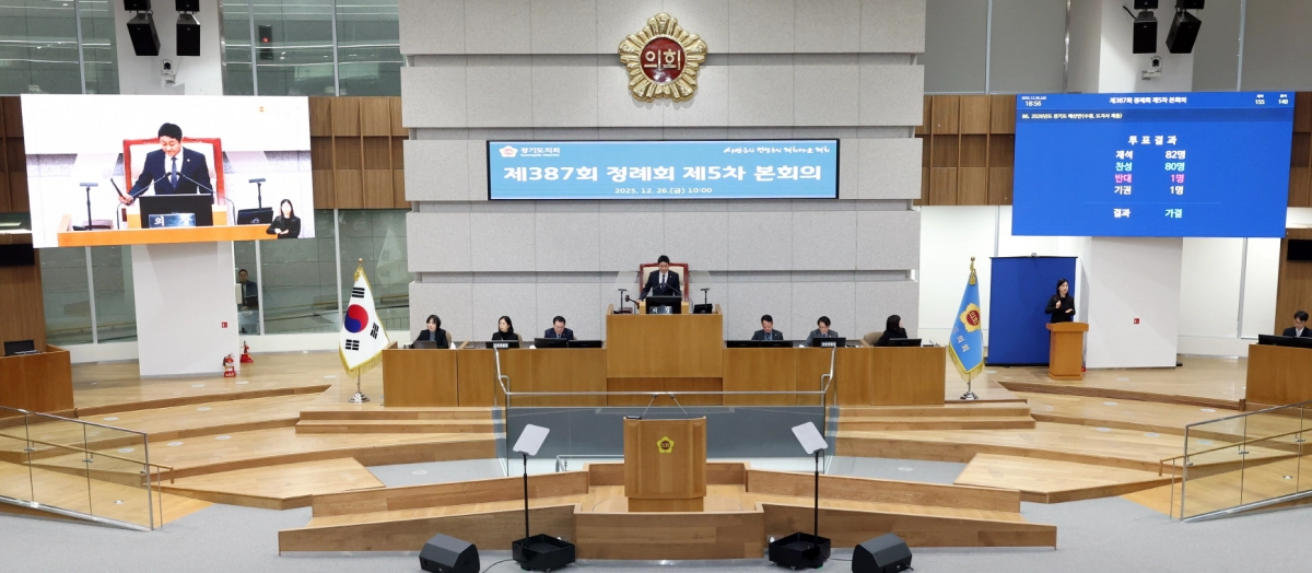 김진경 의장이 26일 제387회 정례회 마지막 본회의를 주재하며 2026년도 예산안 등 주요 안건을 가결 처리하고 회기 종료를 선언하고 있다.(사진=경기도의회)