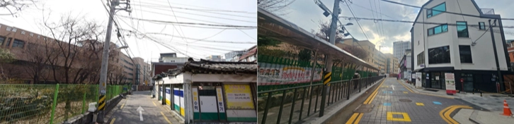 서울 성북구 숭곡초·중학교 앞 도로를 확장하고 캐노피를 설치하기 전(왼쪽)과 후 모습. 성북구 제공