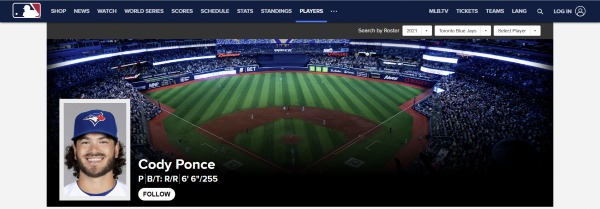 MLB닷컴의 코디 폰세 페이지. MLB닷컴 제공