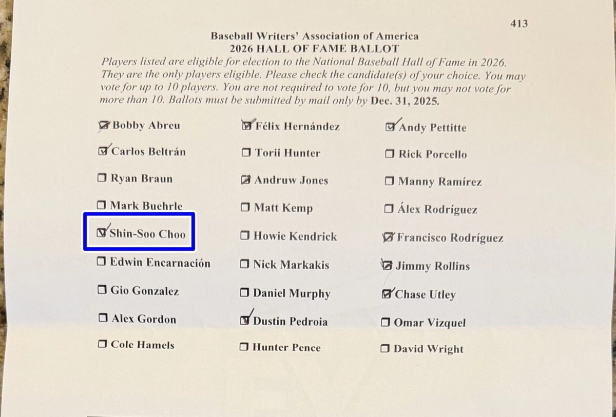 제프 윌슨 기자가 공개한 ‘MLB 명예의 전당’ 투표 용지. DLLS 캡처